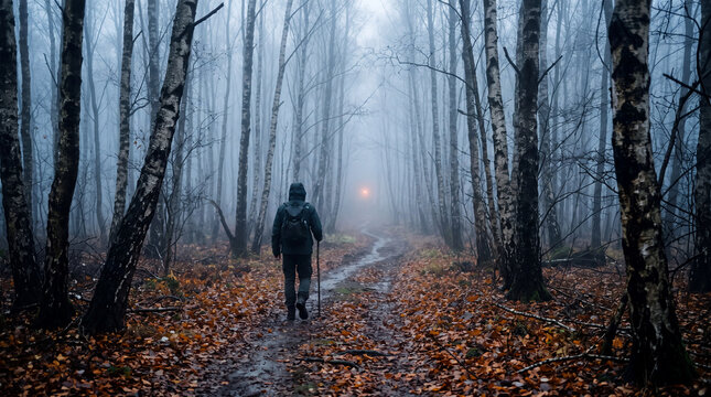 Man walking on a forest path covered in autumn leaves, in foggy weather