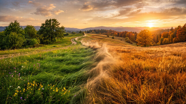 Juxtaposition of seasons in a landscape with a dirt road, showing green growth and golden harvest under a dramatic sunset