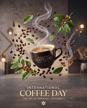 Hot steaming coffee cup surrounded by floating coffee beans and coffee plant leaves, celebrating International Coffee Day