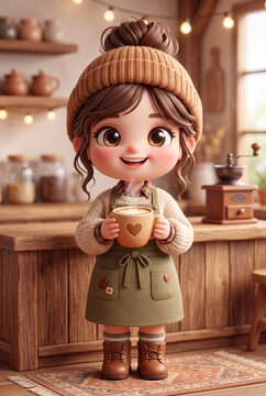 Cute cartoon girl with beanie and apron holding a cup of coffee in a cozy cafe
