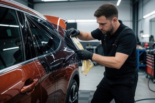 Pro male technician installs dark window tint film on car side glass. Auto detailer applies protective film using cloth in service station workshop. Specialist works on vehicle window protection for
