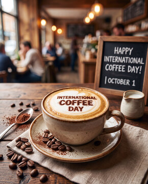 A warm cup of coffee with latte art spelling International Coffee Day on a wooden table at a cozy cafe