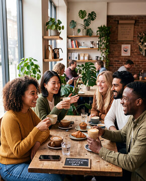 Friends enjoying coffee and pastries at a cozy cafe