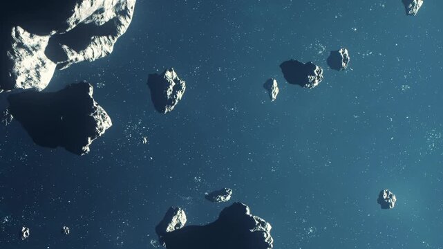 Several asteroids float in outer space against a dark background filled with stars. The image shows the rocky shapes of the asteroids illuminated by light.