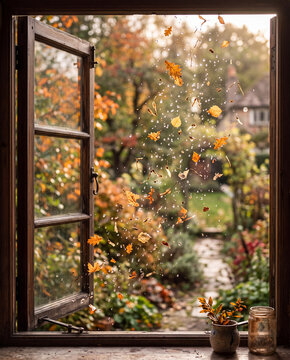 Autumn leaves falling outside an open window overlooking a charming garden