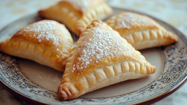 Triangular Pastries Dusted with Powdered Sugar on a Decorative Plate