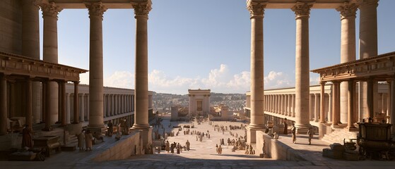 Fototapeta premium Wide angle view of an ancient temple courtyard with marble columns and crowds