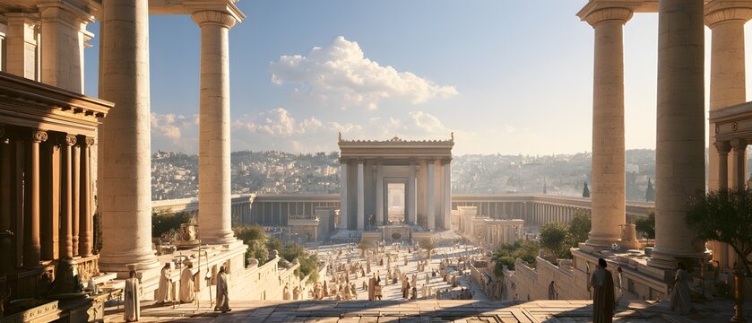 Ancient jerusalem temple courtyard with colonnades and people in a historical setting