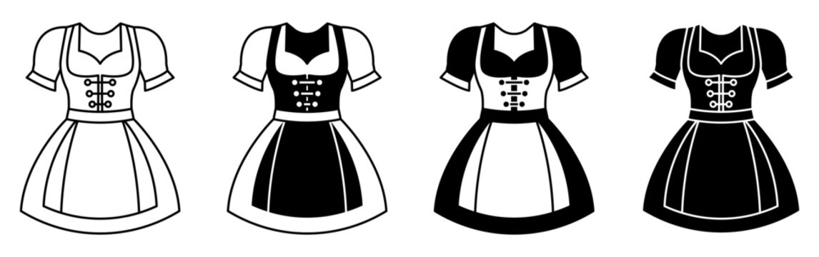 Set of four traditional Bavarian dirndl dress icons for Oktoberfest celebrations.