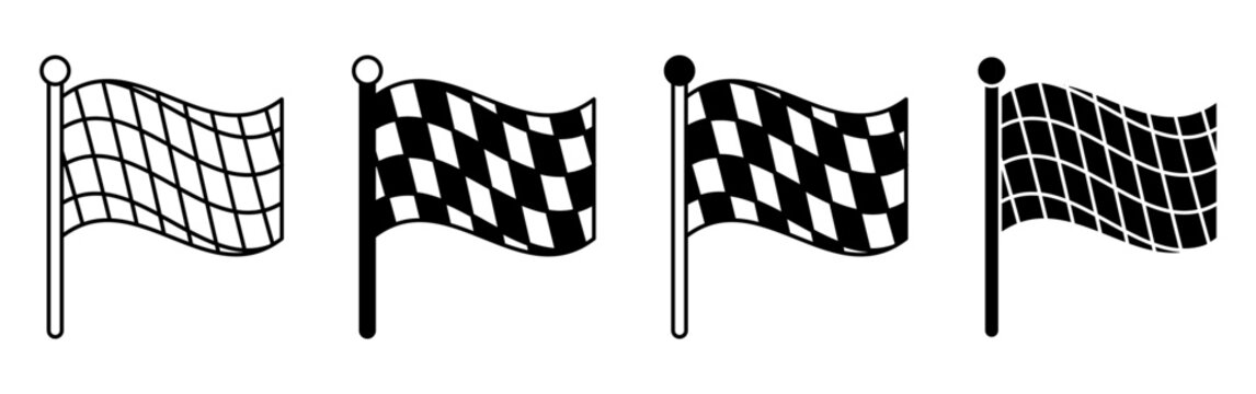 Set of four checkered flags with varying patterns and pole styles.