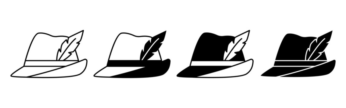 Set of four traditional Bavarian alpine hats with feathers for Oktoberfest celebrations.