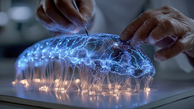 Professional researcher placing a glowing blue biolayer membrane over a model of a synthetic spinal cord representing the future of neuro-link technology and the cure for paralysis science 