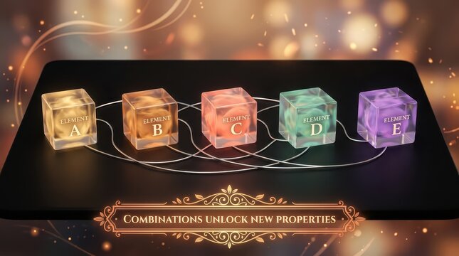 Five glowing elemental cubes labeled A, B, C, D, and E on a dark surface with illuminated abstract patterns, suggesting combinations unlock new proper