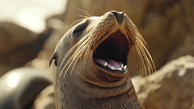 Sea Lion Roaring with Open Mouth on a Rocky Coast