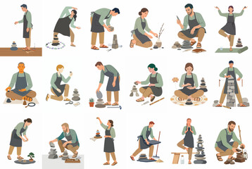 Fototapeta premium Set of flat illustrations featuring various people stacking and balancing stones, representing mindfulness, patience, and creative rock art.