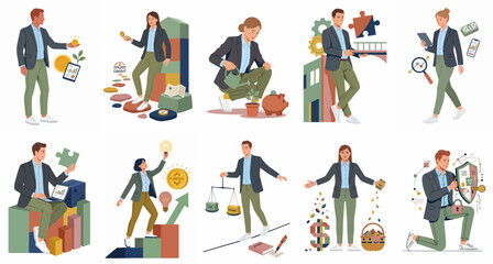 Fototapeta premium Business and Financial Management Concept Illustrations Set Featuring Professional Characters and Growth Symbols on a White Background