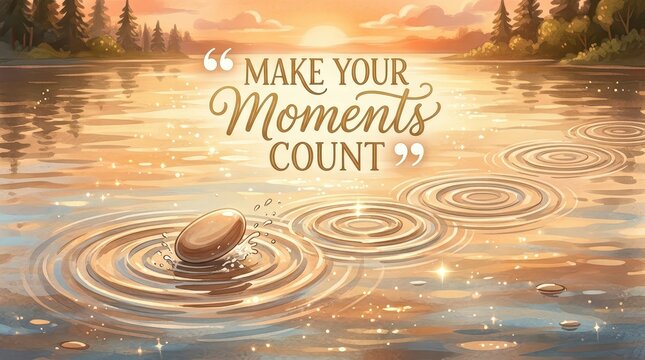 Inspirational Quote 'Make Your Moments Count' on a Rippling Water Surface with Sunset Reflections