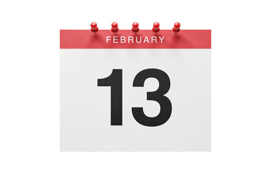 Wall calendar page showing february 13th with five red push pins attached to the header strip isolated on a transparent background