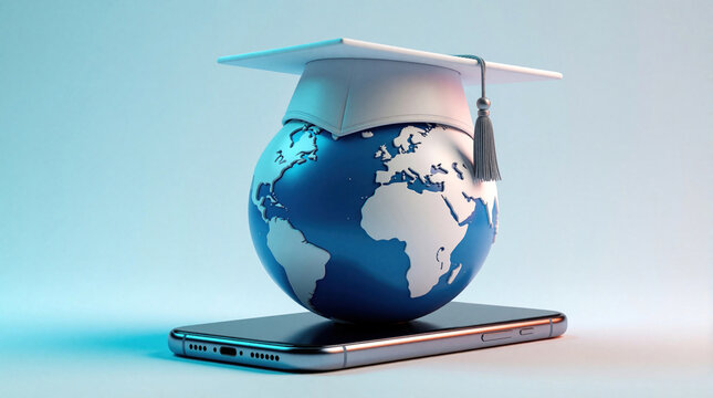 Globe wearing graduation cap sits on smartphone symbolizing online global education. Digital learning concept on mobile device for worldwide access to knowledge and degrees.