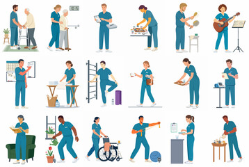 Fototapeta premium Collection of flat vector illustrations depicting diverse healthcare professionals and caregivers providing various support and medical services for elderly patients.