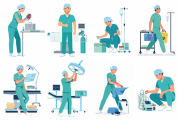 Fototapeta premium Set of Vector Illustrations Showing Medical Professionals and Surgeons Performing Various Tasks in a Hospital and Operating Room Setting