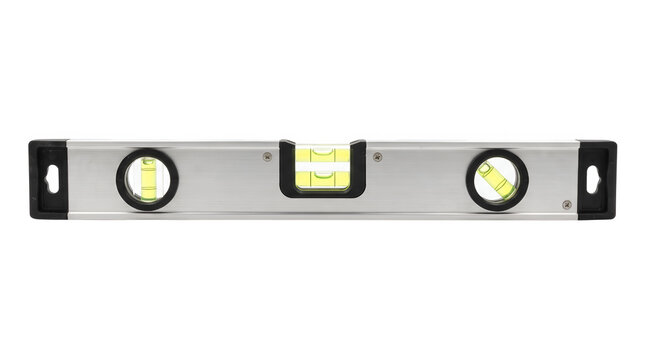 Professional aluminum spirit level tool, silver metal bubble level for construction, industrial leveling instrument on white background