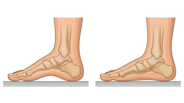 Skeletal arch comparison: flat foot, orthopedics diagnosis, bone anatomy, pes planus, normal posture, medical diagram, plantar fascia, health check, joint disease, pain treatment.