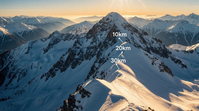 Snowy mountain range with progress markers indicating 10km 20km 30km distances. Aerial view of peaks at sunrise with dramatic light and deep valleys.