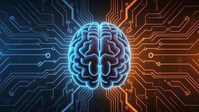 Digital brain circuit board glowing with energy flow in futuristic technology concept