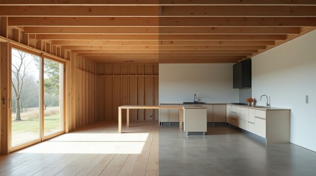 Antes y despu&eacute;s: vista panor&aacute;mica del interior de una casa que muestra dos etapas de transformaci&oacute;n en el mismo espacio
