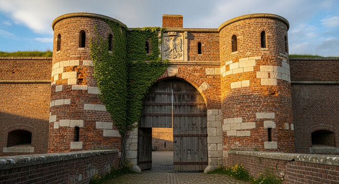 Historical fortress gate with massive wooden doors and twin towers illuminated by warm evening sunlight showcasing medieval architecture and stone masonry in a European defensive stronghold