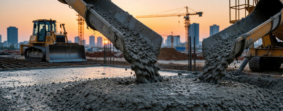 Wet concrete pours from chutes onto foundation at building site. Bulldozer and crane work near city skyline during sunset hour. Construction progress.