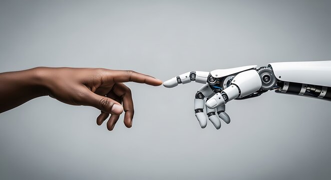 Human Hand and Robot Hand Touching Symbolizing Artificial Intelligence Connection