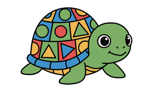 Cute cartoon turtle with a patterned shell standing on a white background, friendly animal character concept