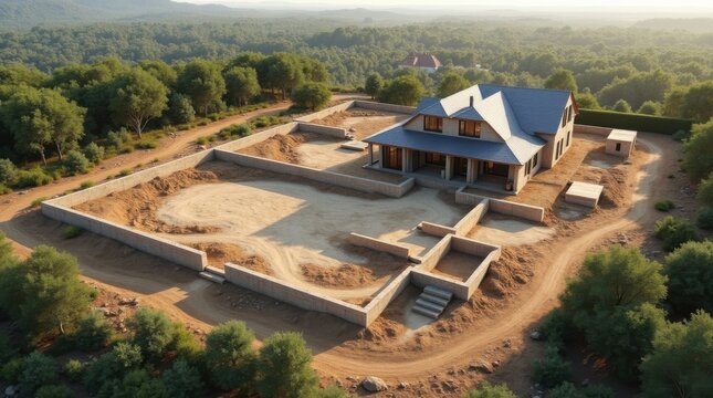 Parcela residencial vac&iacute;a que se convertir&aacute; en un futuro hogar; se aprecian los contornos de los cimientos y los vol&uacute;menes arquitect&oacute;nicos que empiezan a emerger