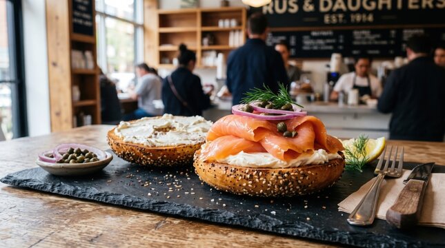 A fresh lox bagel with cream cheese and capers sits on a slate board in a busy city deli shop.