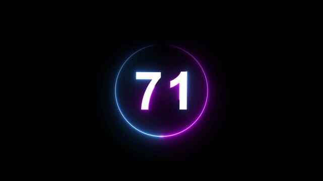 A dynamic circular animation, and glowing count neon number 71 animation . on a black background. and creating a stunning 4k video.