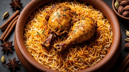Naklejka premium Overhead view of spicy chicken biryani in rustic clay pot. Traditional indian rice dish with cooked poultry drumsticks, aromatic spices. Cinnamon, star anise, cardamom scattered around meal. Gourmet