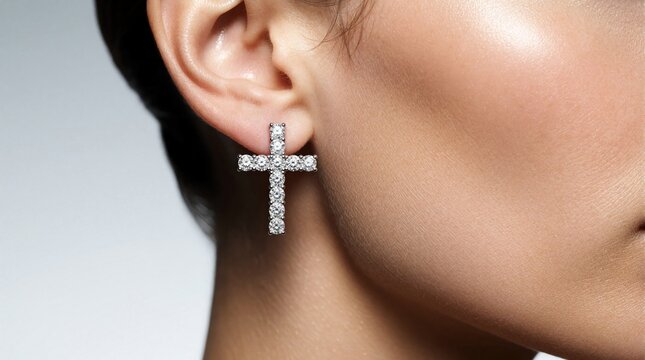 Close up of woman wearing sparkling diamond cross earring. Elegant accessory detail shows luxury and fine craftsmanship on earlobe with clean skin. Jewelry for special occasions.