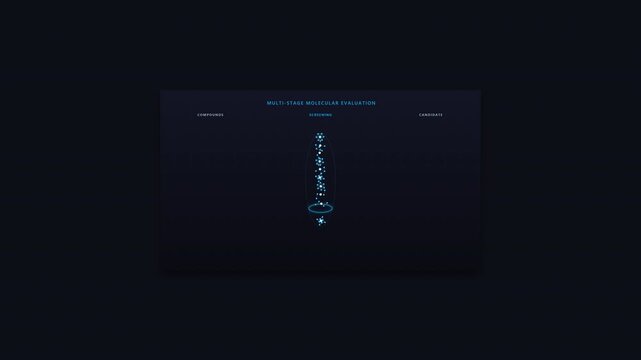 Drug discovery animation showing molecular compounds screened by a scientific system until promising candidates are selected