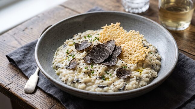 A gourmet bowl of creamy mushroom risotto topped with fresh black truffle shavings and cheese.