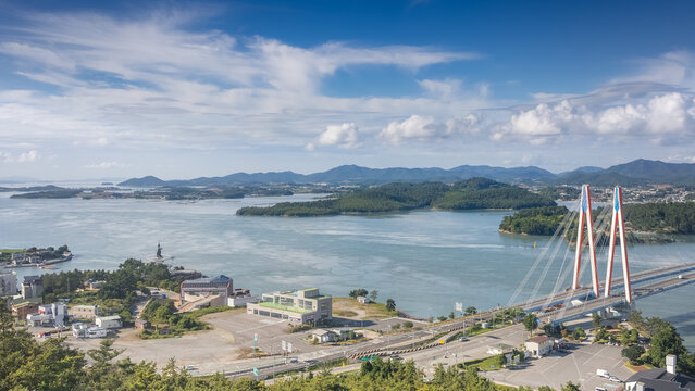 Panoramic High-Angle View of Uldolmok Strait and Jindo Bridge, Famous Site of Myeongnyang Battle, South Korea
