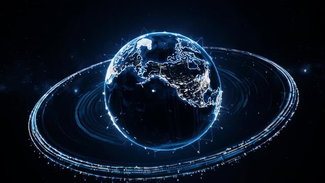 Digital Earth rotating with glowing rings in dark space during global connection concept