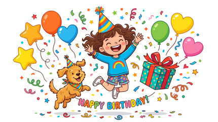 Fototapeta premium Happy Girl and Her Puppy Celebrating a Birthday Party with Colorful Balloons Confetti and a Gift Box