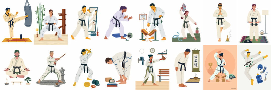 Collection of diverse martial artists practicing karate and taekwondo techniques including kicking, board breaking, meditation, and traditional weapon training in white uniforms.