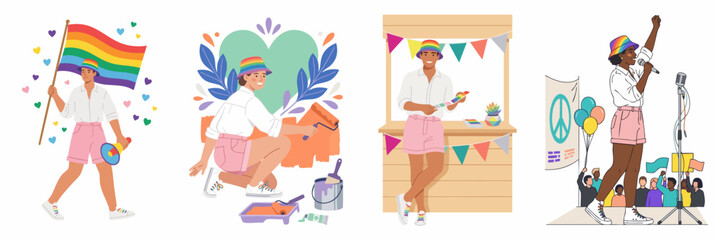 Fototapeta premium A collection of flat illustrations showing a person celebrating pride month through activism, artistic expression, community service, and public speech.
