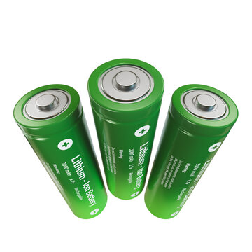 3D Render of Trio of Green Lithium Ion Battery Cells Standing Angled on Transparent Background.