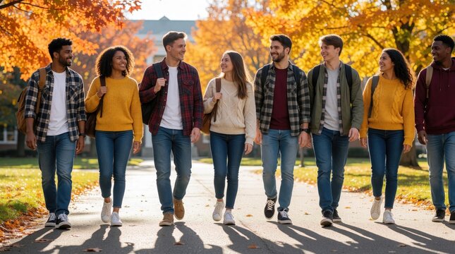 Diverse group of multiethnic college students walk together on university campus during autumn. Friends carry backpacks, talk walking on path near historic building. Young people enjoy sunny fall