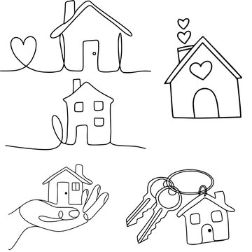 Set of Continuous Line Art Real Estate Icons with House and Keys Isolated on White Background PNG
