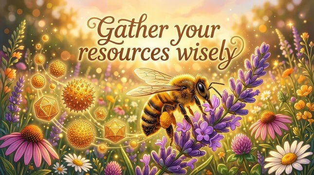 Enchanting meadow scene with a bee gathering nectar from lavender, surrounded by glowing orbs and geometric shapes, with inspirational text 'Gather yo